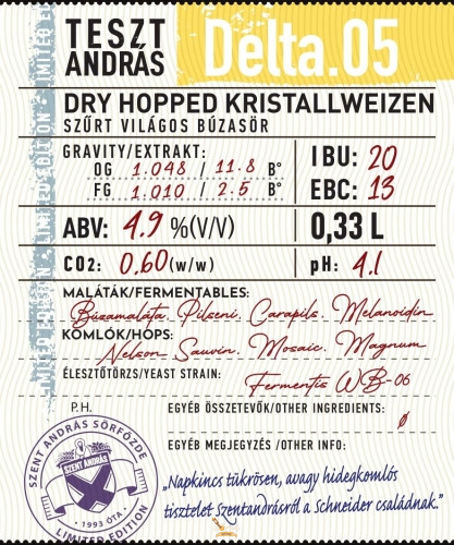 Szent András Teszt András Delta. 05 (kristallweizen/ hidegkomlózott bajor búzasör) (0,33L) (4,9%)