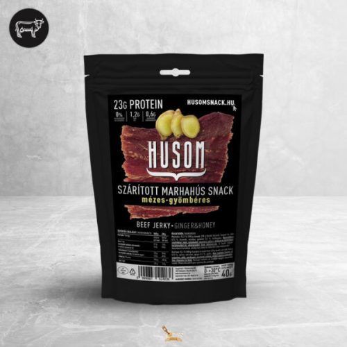 HUSOM MÉZES-GYÖMBÉRES SZÁRÍTOTT MARHAHÚS SNACK (BEEF JERKY) 40G