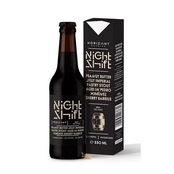 Horizont - Night Shift Vintage 2025 / Peanut Butter Jelly Imperial Pastry Stout Pedro Ximénez Sherrys hordóban érlelve (0,33L) (11%) Horizont - Night Shift Vintage 2025 / Peanut Butter Jelly Imperial Pastry Stout Pedro Ximénez Sherrys hordóban érlelve (0,33L) (11%)