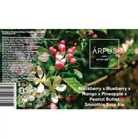 Ārpus Brewing Co. - Blackberry x Blueberry x Mango x Pineapple x Peanut Butter - Smoothie Sour Ale (0,44) (4,5 %) Ārpus Brewing Co. - Blackberry x Blueberry x Mango x Pineapple x Peanut Butter - Smoothie Sour Ale (0,44) (4,5 %)