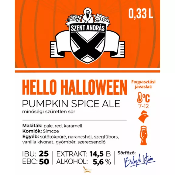 Szent András Sörfőzde - Hello Halloween 26 (pumpkin spice ale) (0,33L) (5,6%) Szent András Sörfőzde - Hello Halloween 26 (pumpkin spice ale) (0,33L) (5,6%)